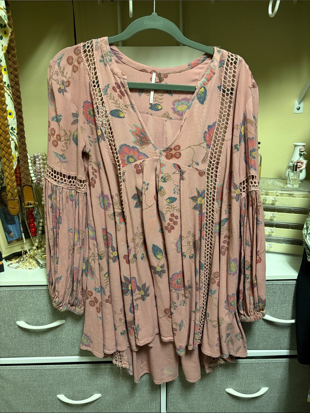 Free People Dusty Rose Floral Crochet-Trim Tunic